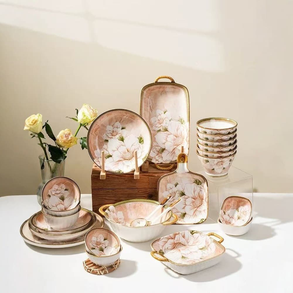 Japanese camellia bowl and dish set, high-looking underglaze color ceramic tableware, bowl and chopsticks set, gift tableware