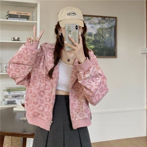 2025 Pink Leopard Print Short Cardigan for Women Spring Autumn New Loose Hong Kong Style Retro Hoodie Trend