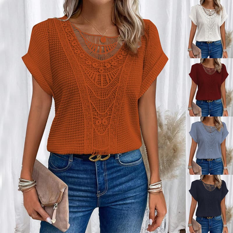 2024 Amazon European and American Spring Summer New Independent Stand Lace Stitching Short-Sleeved T-Shirt In Stock Cross-Border Women's Clothing