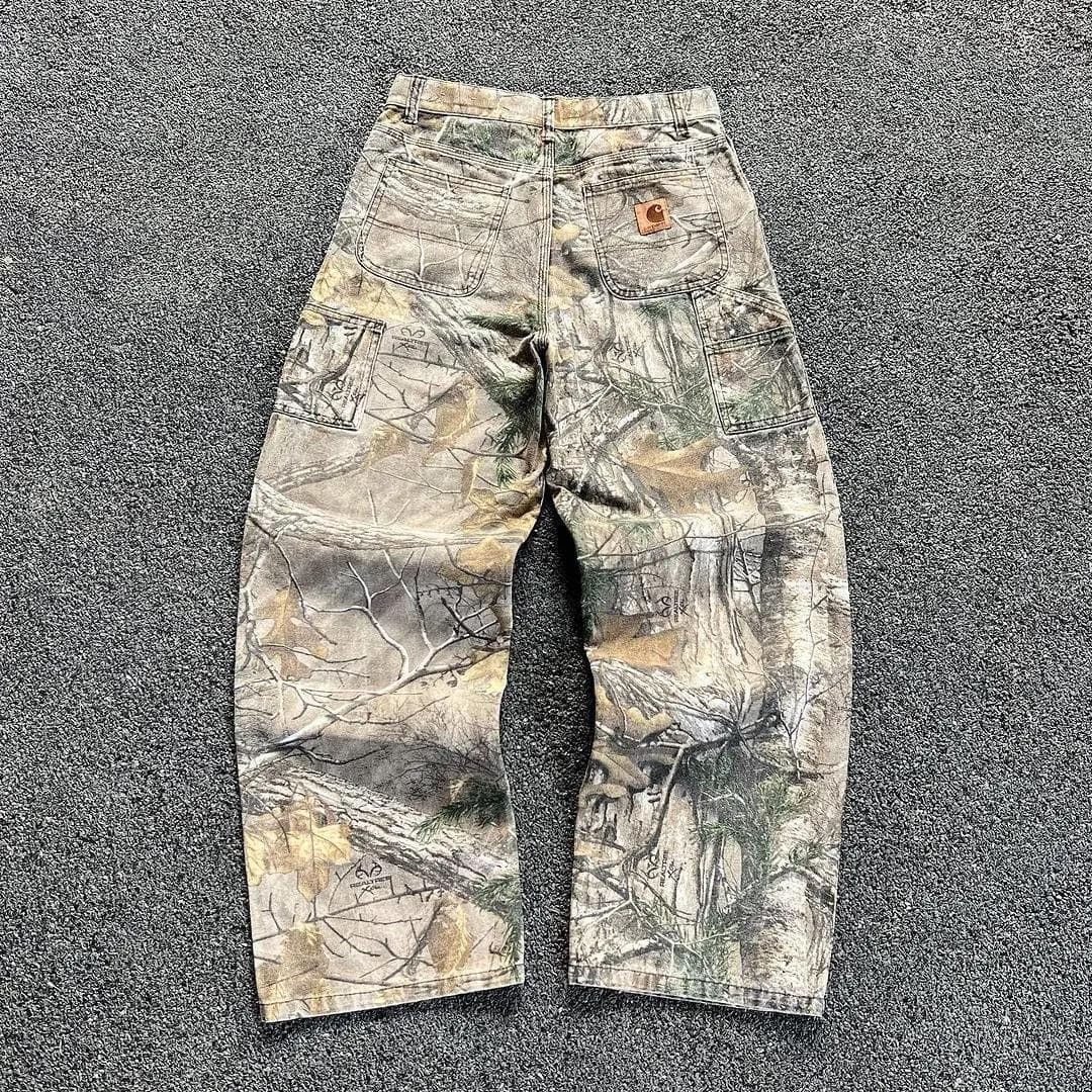 Cross-border Y2K Harajuku Camo Print Washed Denim Jeans Men Straight Loose Fit Streetwear Hip Hop Jeans