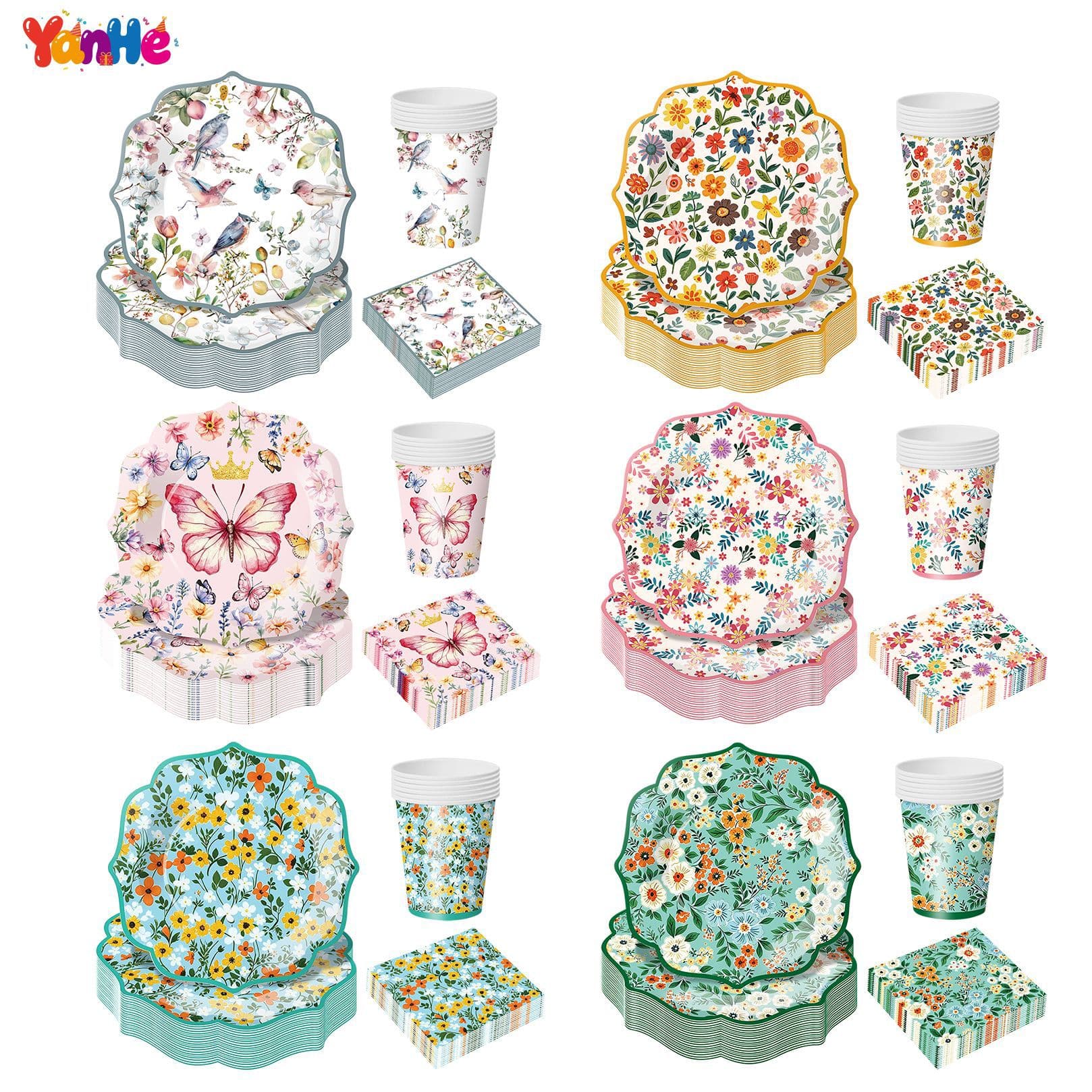 Amazon New Wildflower Theme Party Tableware Decoration Birthday Party Paper Plates Disposable Floral Party Dinner Plates