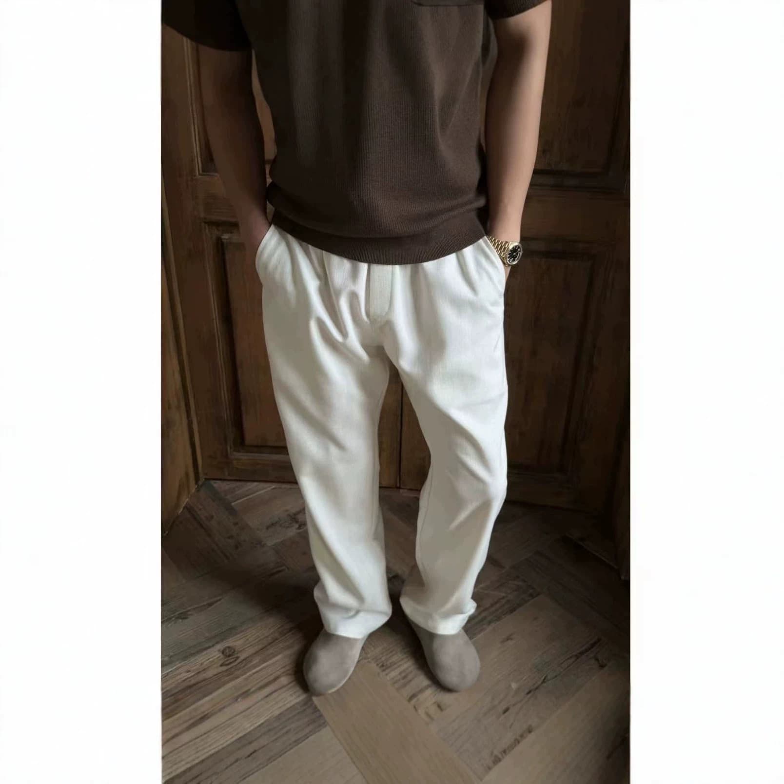 Summer off-white linen lyocell textured drape wrinkle-free breathable trousers for men and women loose old money style long pants