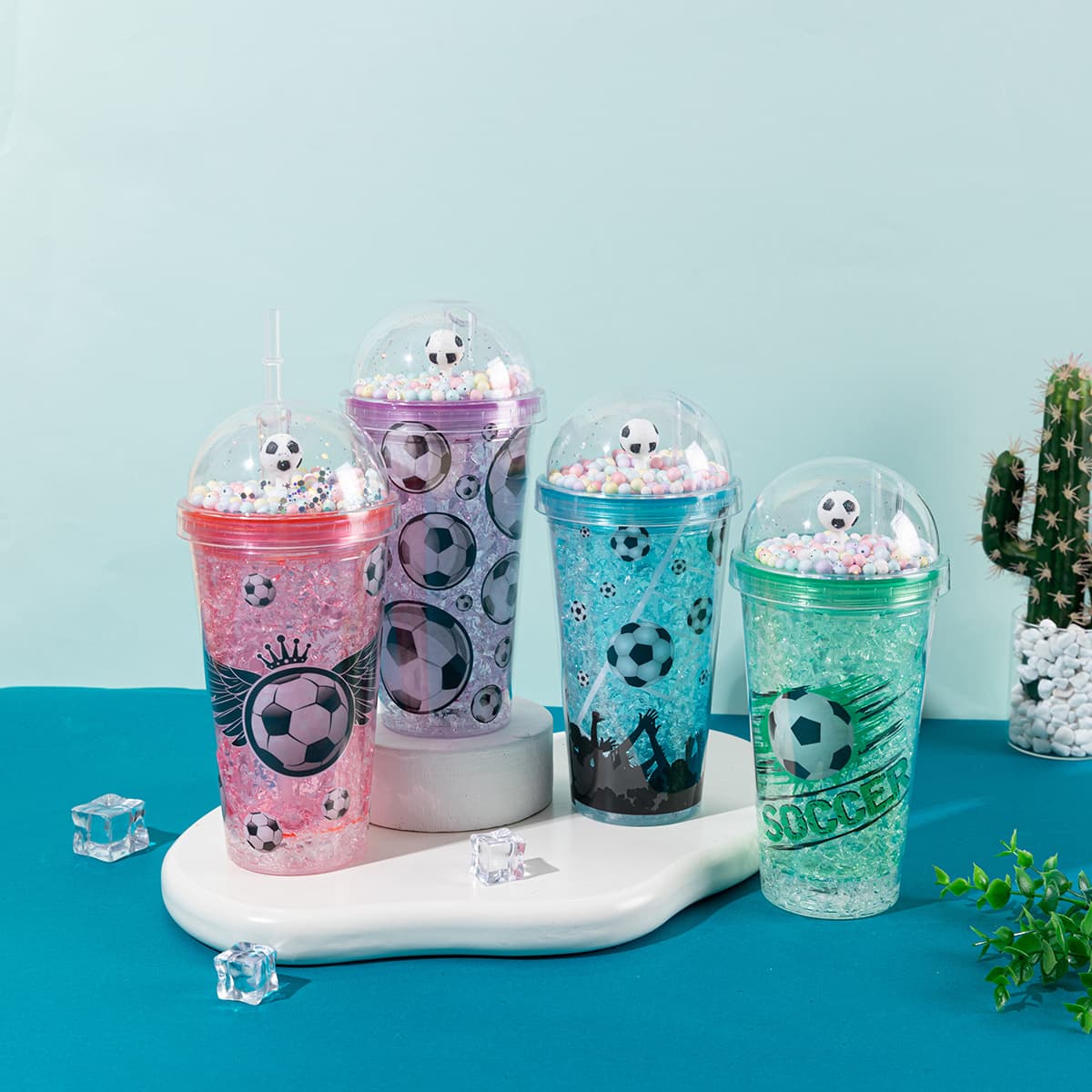 New Export Double-Layer Cracked Ice Glass Creative World Cup Soccer Cup Portable Straw Cup Holiday Gift Cup