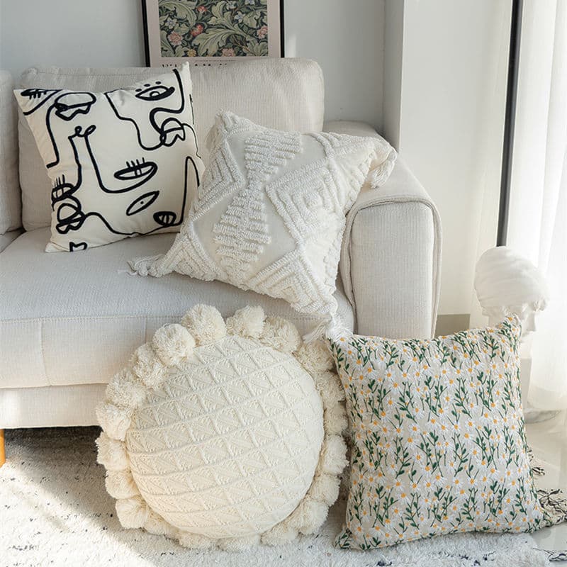 Fresh and minimalist towel-embroidered pillowcase with soft floral and cloud designs, ideal for B&B sofas, backrests, lumbar support, and window seat cushions.