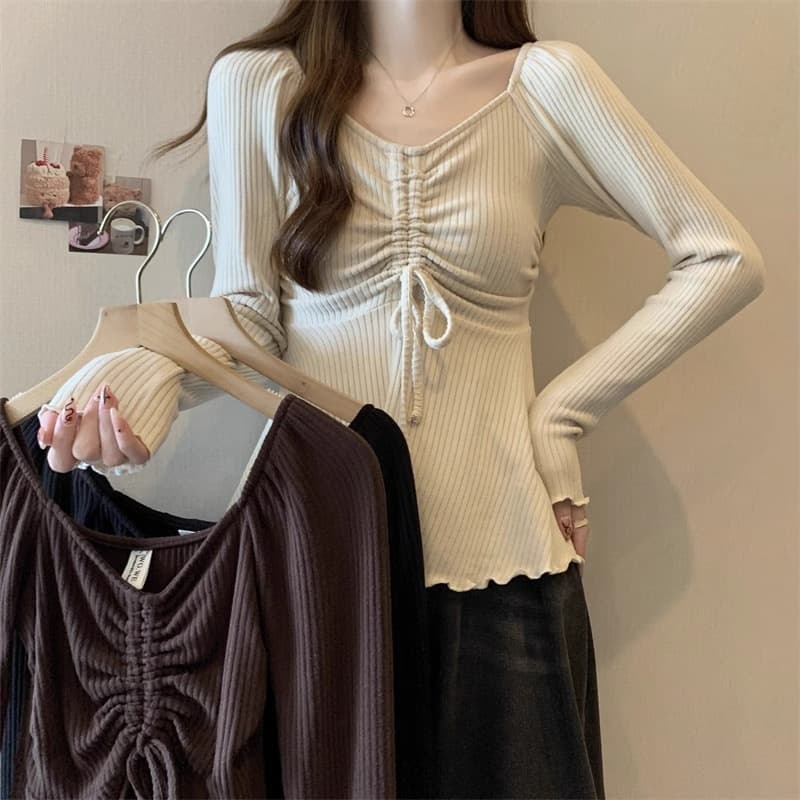 Long-sleeved bottoming shirt, plus size fat slimming waist to cover belly, new design drawstring collar top