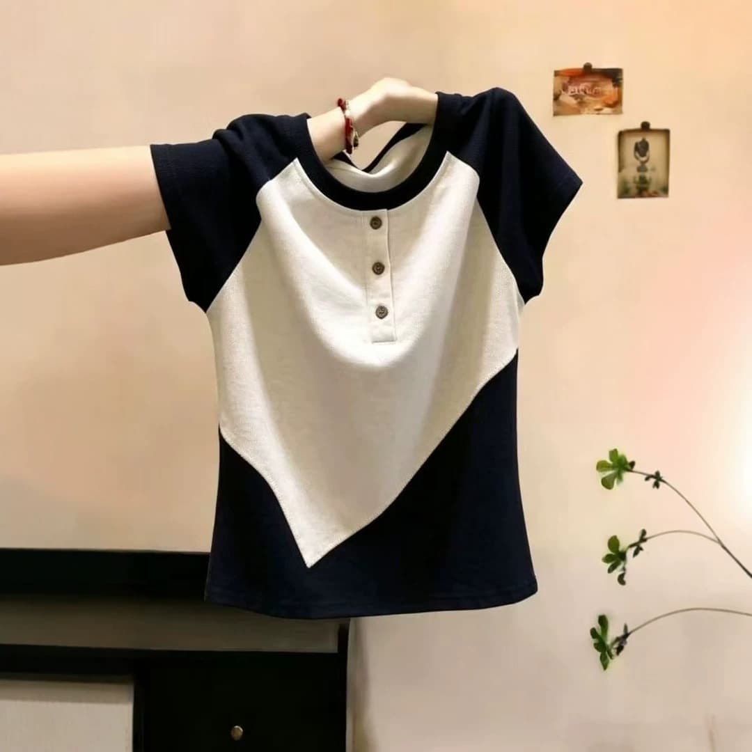 Pure Cotton Large Size Korean Style Patchwork Contrasting Color Short-Sleeved T-Shirt for Women Spring and Summer 2026 New Style Loose Slimming Fashionable Top for Women