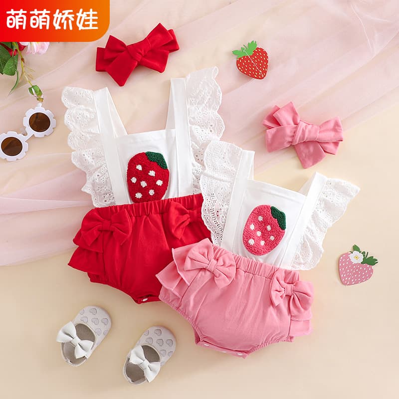 Baby summer jumpsuit, strawberry bow baby clothes, baby girl fashionable summer clothes, children's one-piece crawl suit