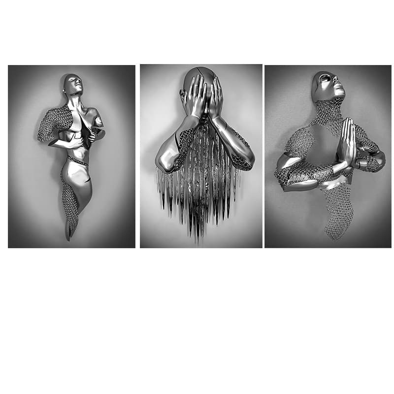 Best-selling Sculpture Decorative Canvas Print with Silver Steel Wire Iron Man Wall Art for Living Room
