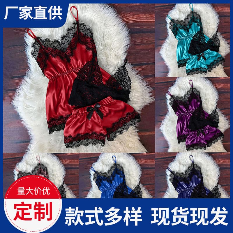Wholesale European and American Satin Lingerie for Women, Sexy Sleepwear Lace Camisole Shorts Pajama Set, Factory Direct