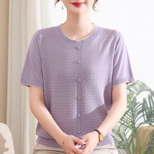 New Summer Mom Wear Solid Elegant Ice Silk Short Sleeve Top for 50-Year-Old Middle-Aged Women, Loose and Stylish Blouse