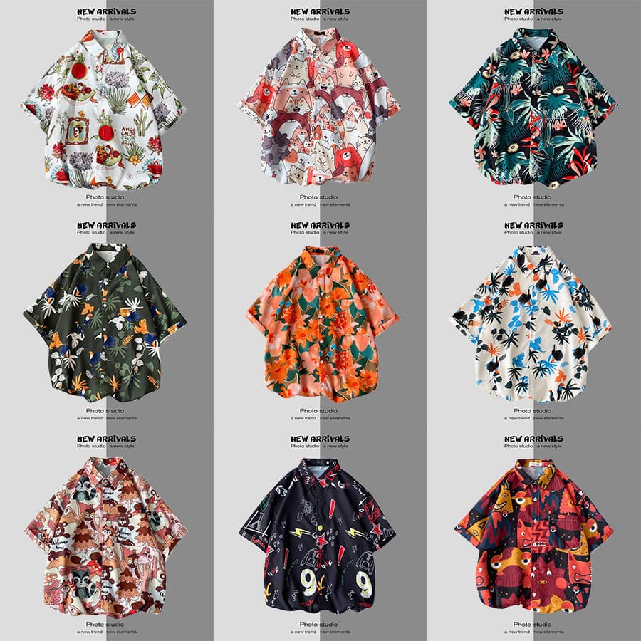 Drape Shirt Men's American Hawaiian Beach Rogue Retro Hong Kong Style Vintage Floral Shirt Couple Trend