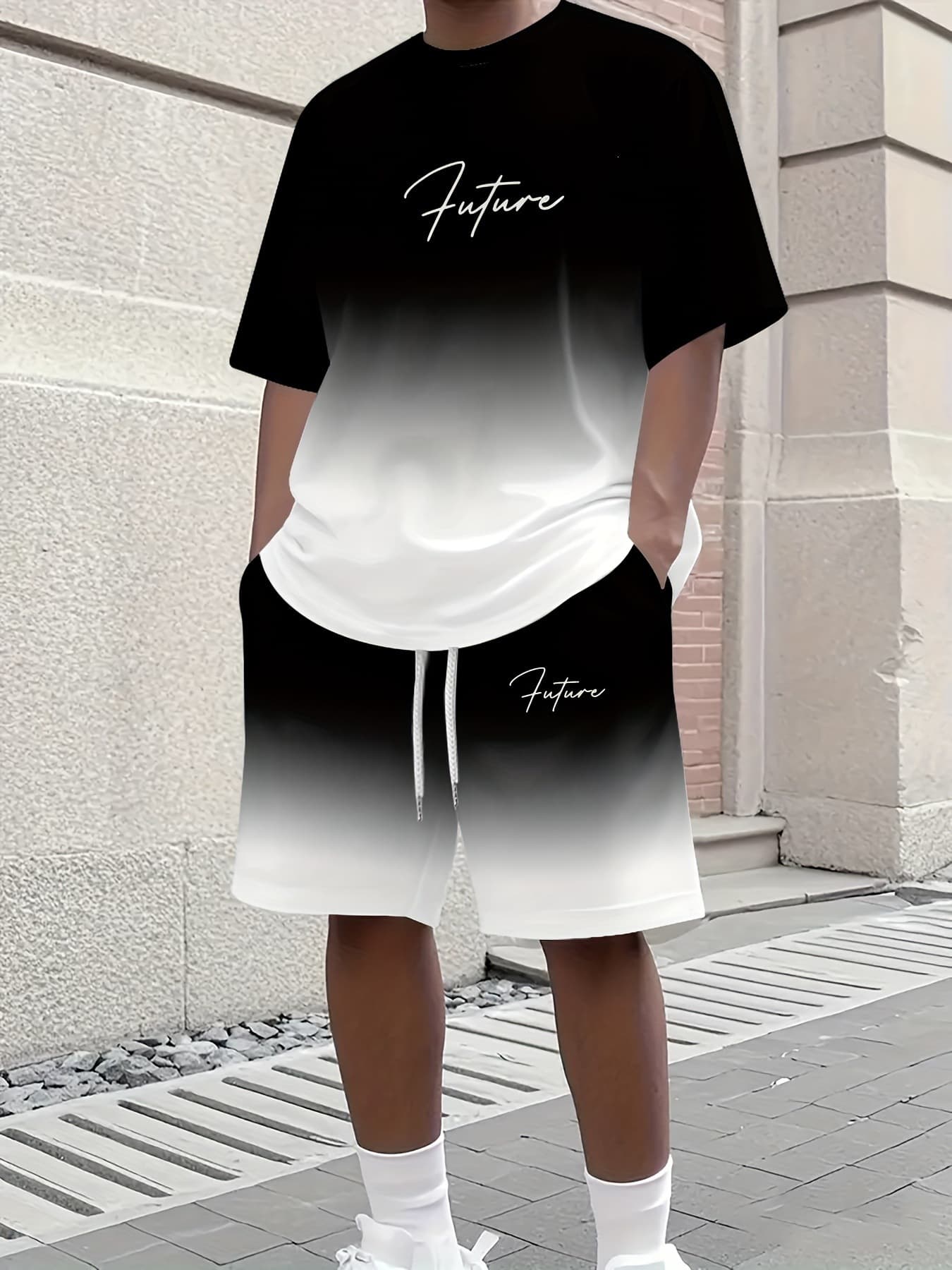 2025 New Casual Sports Short Sleeve T-Shirt for Men Summer Gradient Letter Round Neck T-Shirt and Shorts Set