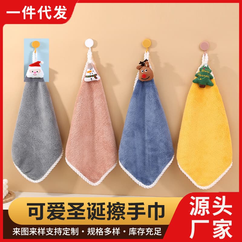 New Warp Knit Coral Fleece Santa Claus Hand Towel, Soft Cute Hanging Kitchen Washcloth and Cloth Wholesale
