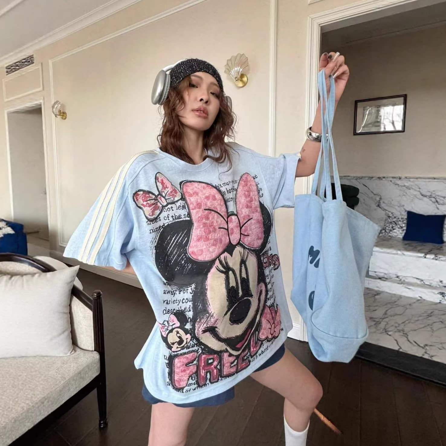 European Style Plus Size Tie-Dye Short Sleeve T-Shirt for Women, 2026 Summer Mid-Length Loose Cartoon Print Youthful Top