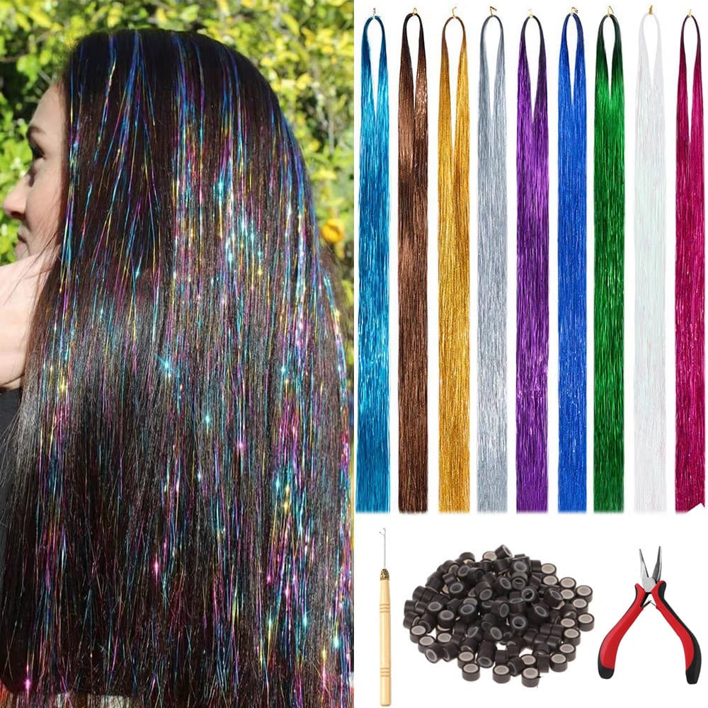 Cross-border Rainbow Laser Silk Crochet Hair Extensions for Women, Glittering Colorful Hair Pieces, Seamless Hair Extensions, Factory Direct