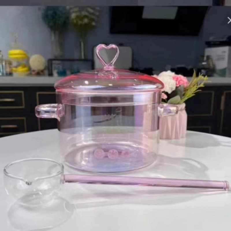 Wholesale Pink Glass Pot Noodle Bowl Glass Pot with Double Ear Handles Household Kitchen Cookware