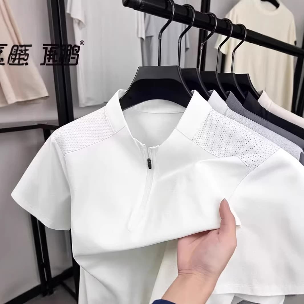 Men's Summer Half-Zip T-Shirt Stand Collar Quick-Dry Sports Breathable Short Sleeve T-Shirt Cycling Fitness Top