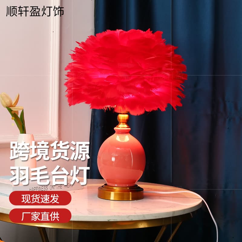 Cross-border Feather Table Lamp Night Light for Living Room Bedroom Ceramic Decorative Ambiance Light Live Stream Influencer Feather Bedside Lamp