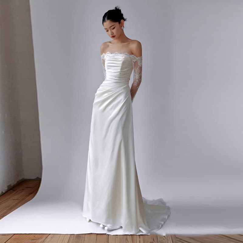 Forest-inspired strapless lightweight wedding dress 2026 new, fitted one-shoulder travel photography departure dress, lace long sleeve wedding gown for women