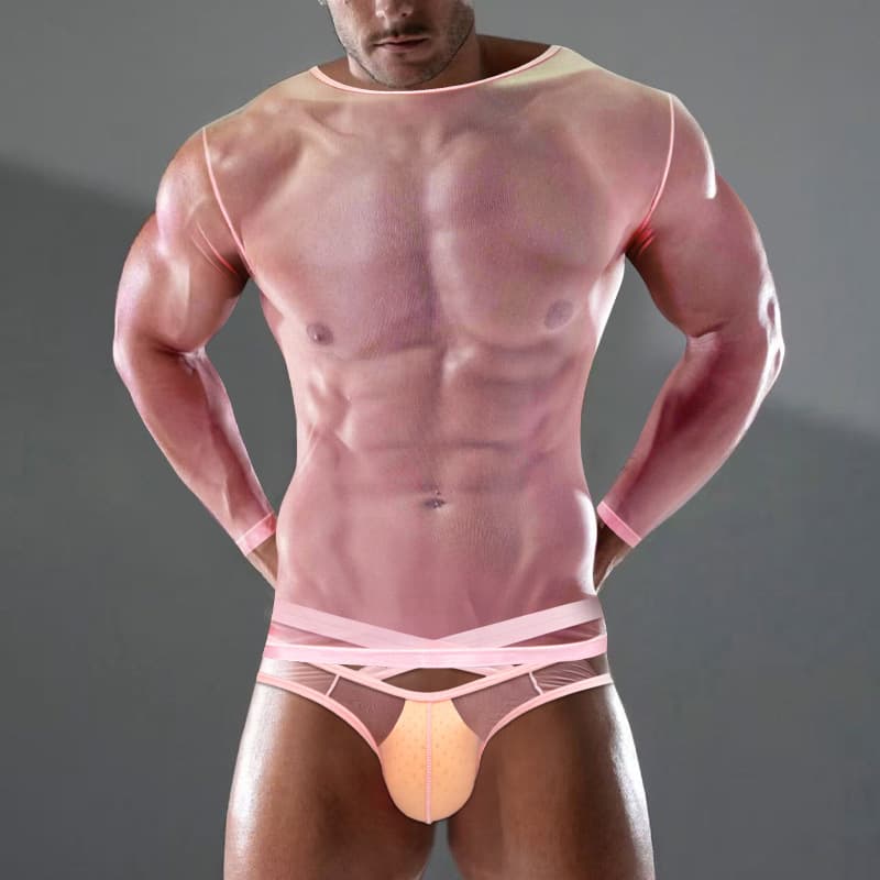 Men's Lightweight Single-Layer Breathable Mesh T-Shirt Semi-Transparent Erotic See-Through Sexy Men's Silky Fully Transparent AD7461