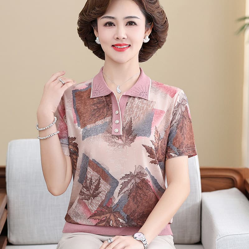 Summer Short-Sleeve T-Shirt for Middle-Aged and Elderly Women 50-60 Years, Loose Ice Silk Top, Mother Grandma Clothes
