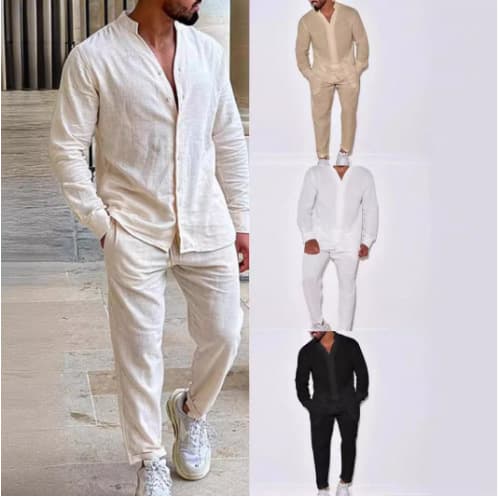 Cross-border European and American Sport Suit Men Linen Autumn Casual Set Long Sleeve Fashion Cargo Pants Foreign Trade Two-Piece Set