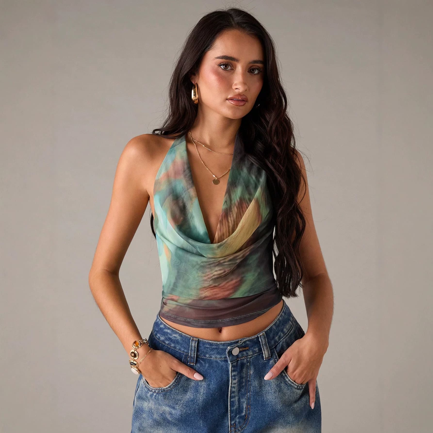 D9985 Amazon's best-selling European and American clothing, sexy halterneck swung collar lace-up vest mesh top (double layer)