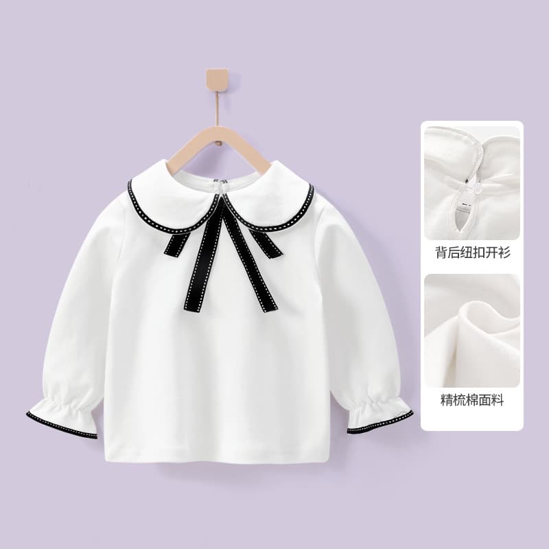 New Manufacturer Girls' Cotton Base Layer T-Shirt for Spring/Autumn, Sweet Lace Pullover, White Turn-Down Collar Blouse