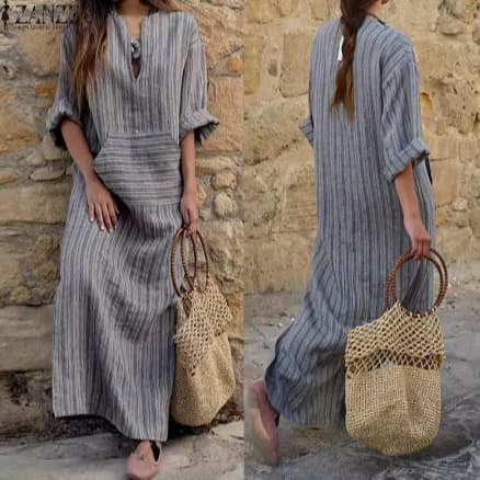 Autumn New Plus Size Women's Vintage Literary V-Neck Stripe Patchwork Cotton Linen Long Sleeve Dress