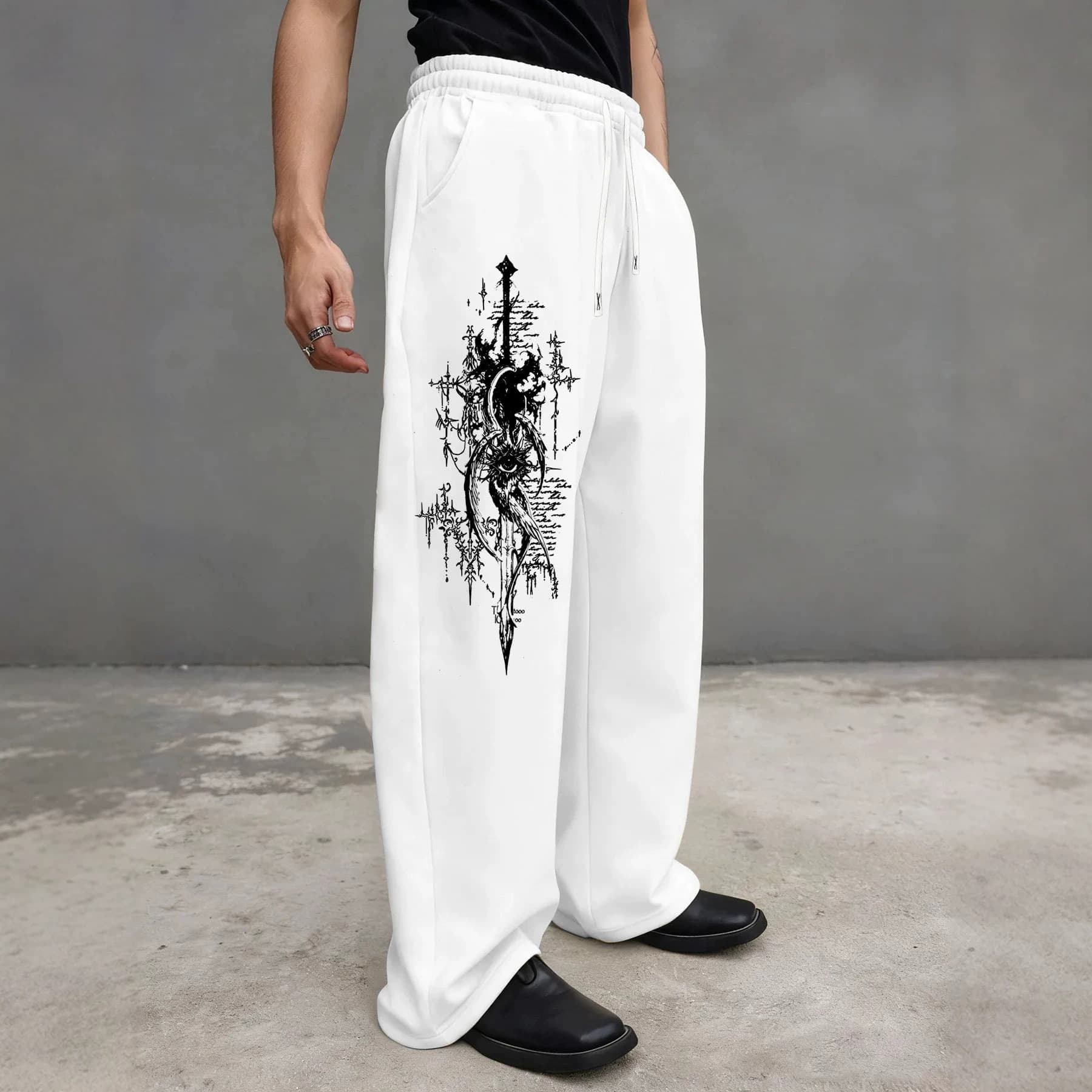 Spring and Autumn New Y2K Dark Gothic Dragon Print Loose Slim Men's and Women's Lace-Up Sports Pants Wide-Legged Sweatpants