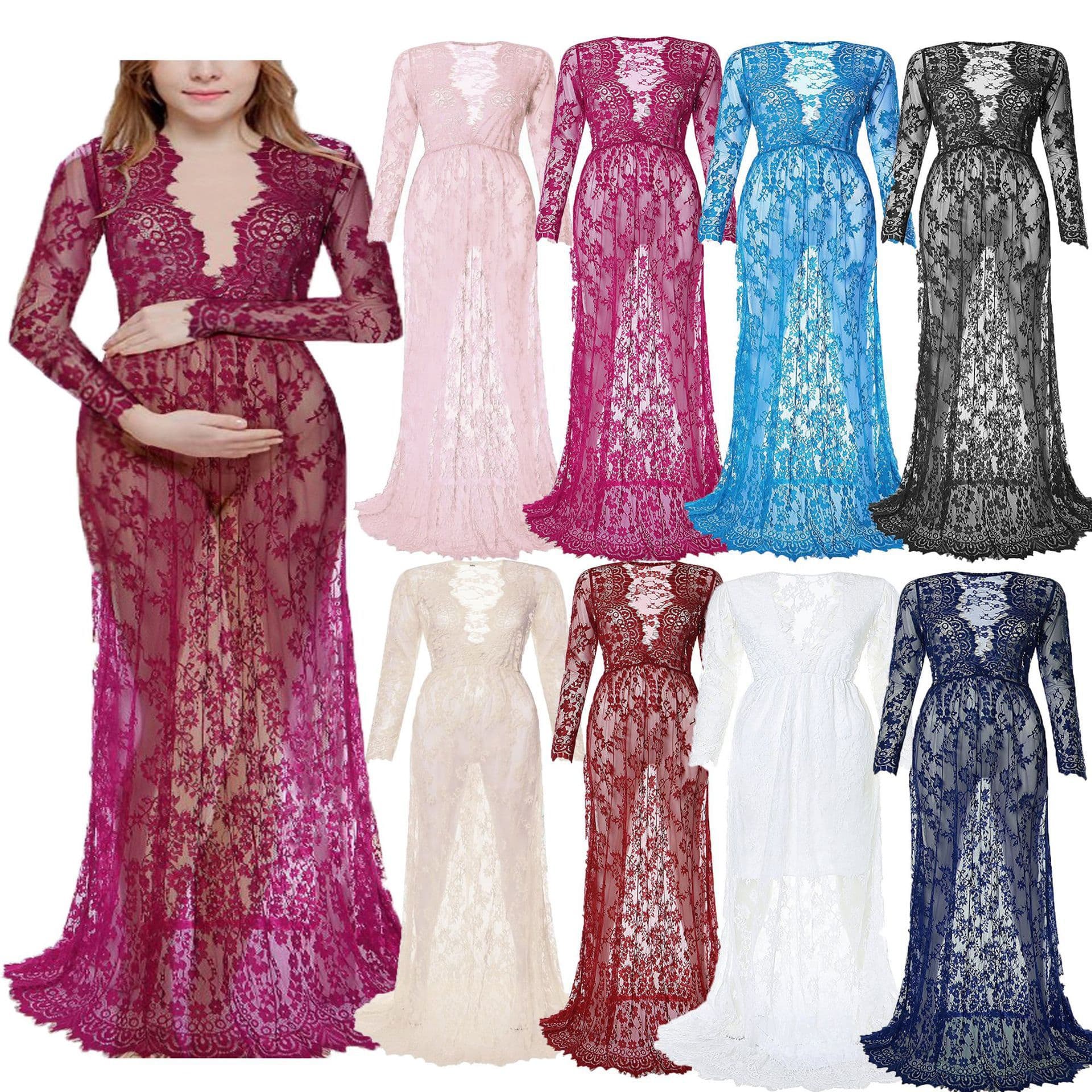 Sexy Deep V Neck Long Sleeve Lace See-through Bodycon Gown Dress European and American Style White Dress for Women Adult