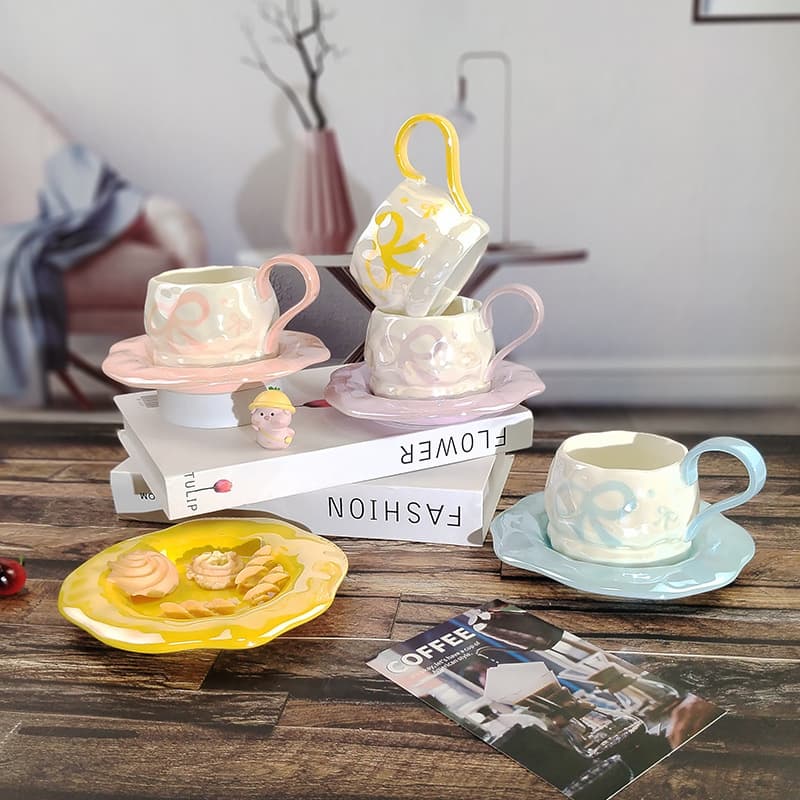 Ins-style pearlescent hand-tied bow coffee cup and saucer set, creative cross-border ceramic mug and afternoon tea plate set