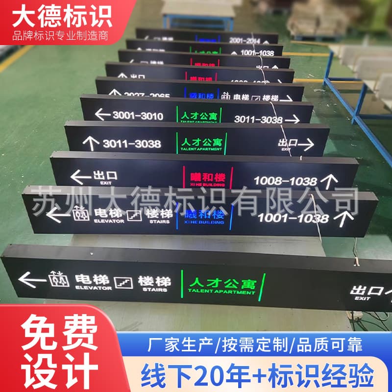 Hanging signage boxes in hospital underground parking garages; double-sided LED perforated light boxes in supermarkets and shopping malls.