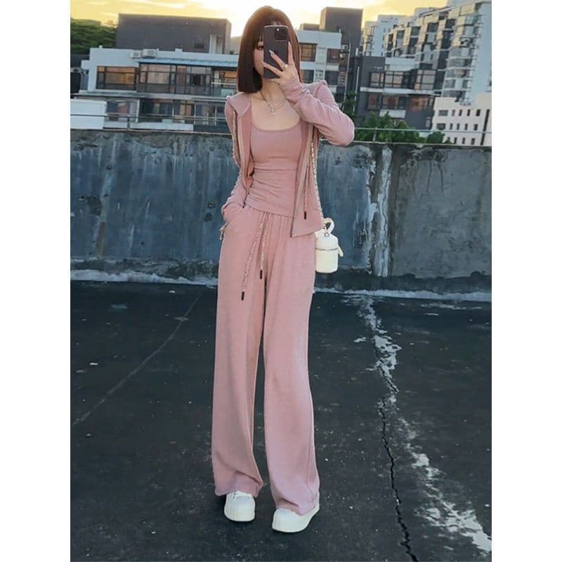 Fashionable Casual Set for Women 2026 Autumn New Long Sleeve Hooded Cardigan Jacket Vest Wide Leg Pants 3-Piece Set