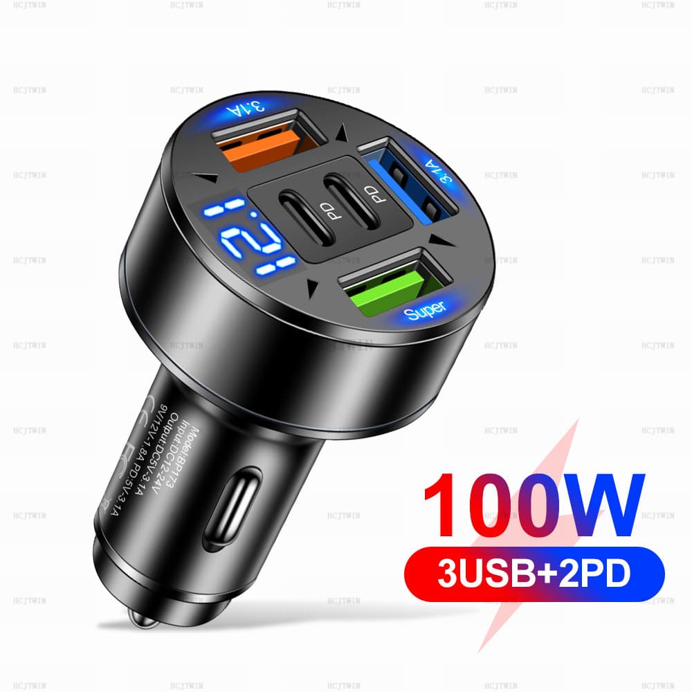 100W Five-In-One Digital Display Car Charger With 5 Ports High Voltage Vehicle Mounted Charger Wholesale Auto Accessories