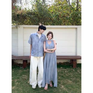 2026 Summer French Blue V-Neck Dress for Women, Cool Seaside Vacation Style, Slimming Long Dress, Couple Outfit