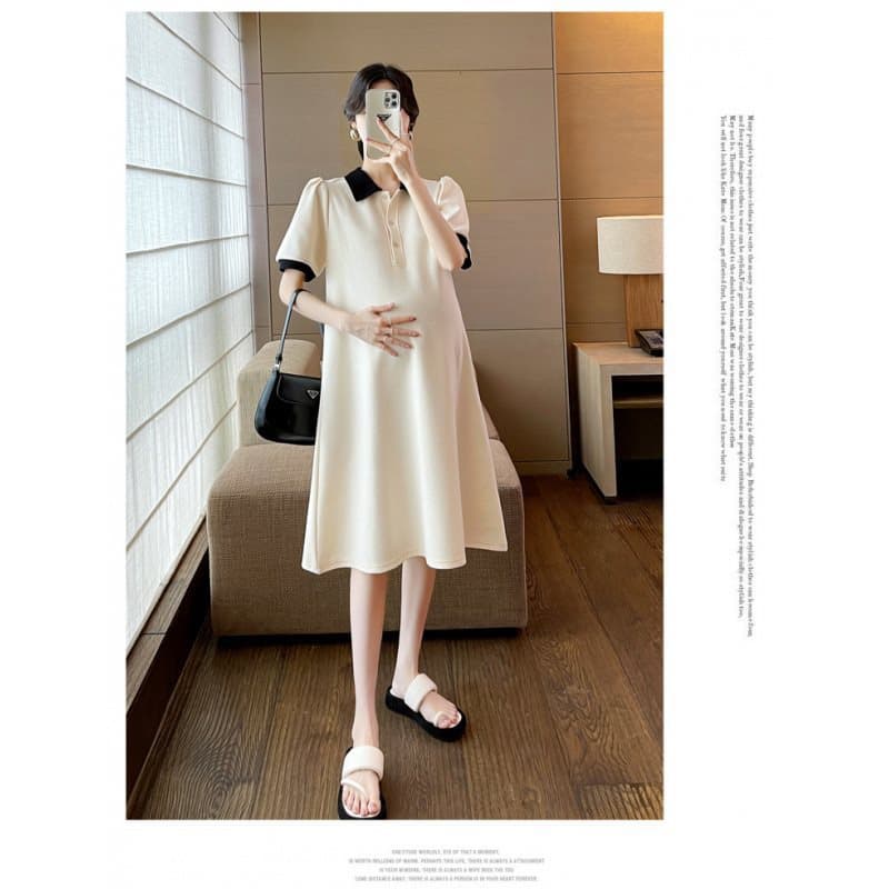 Maternity Dress Summer Solid Color Trendy Maternity Wear Casual Loose Plus Size Dress with Turn-Down Collar