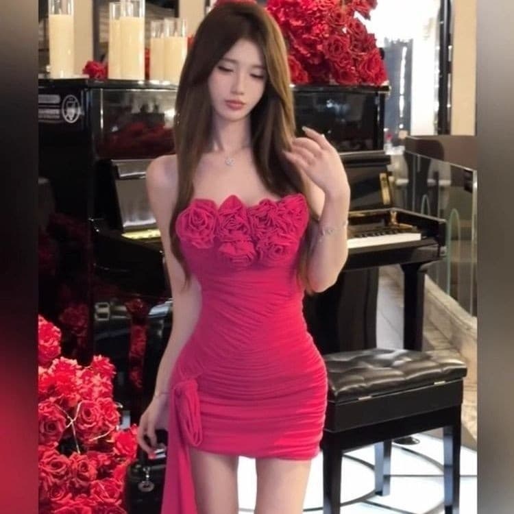 French Sexy Pure Desire Style Strapless Dress mm New 3D Hot Girl Floral Shirred Wrap Short Skirt Internet Celebrity