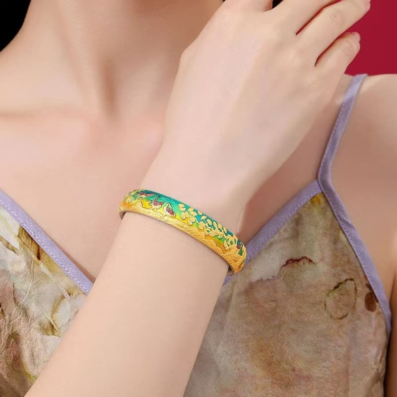 No. 8363 999.9 Pure Silver Heavy Craftsmanship Fired Blue and Gold Traced Pine, Phoenix, and Crane Shadow Bracelet, Vintage Chinese Style Luxury Pure Silver Bangle