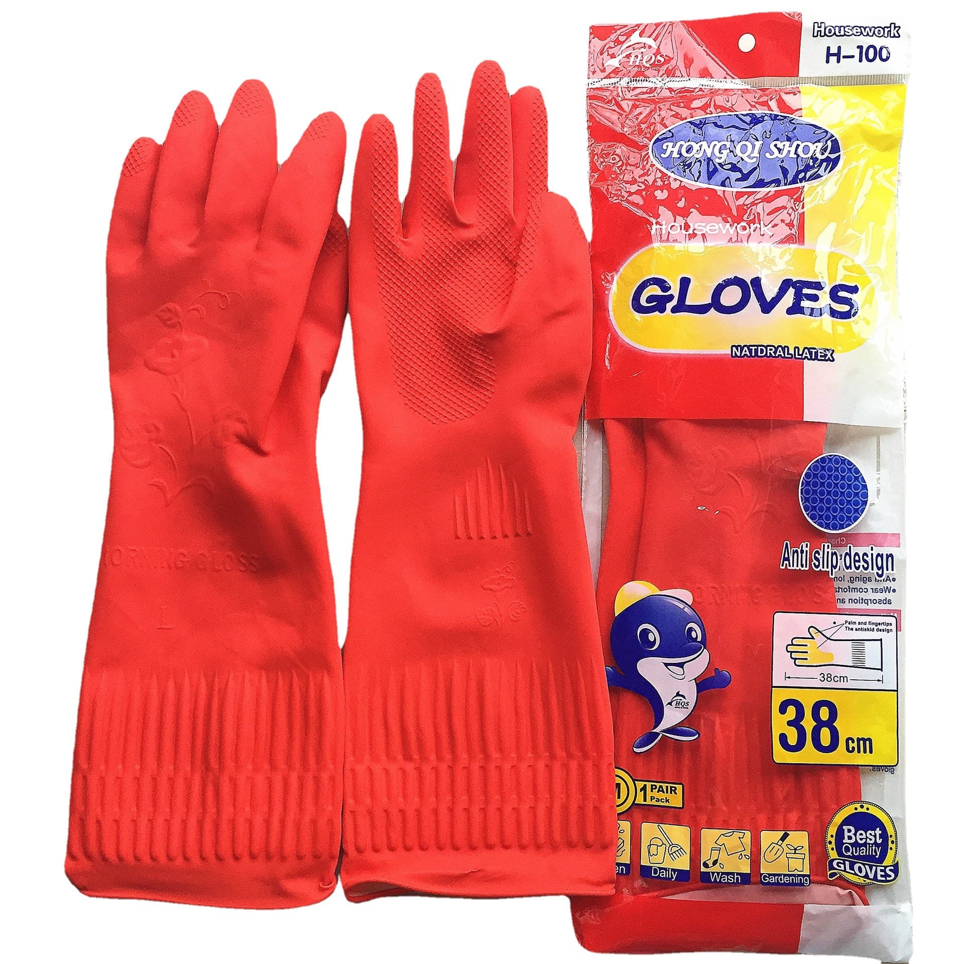 38cm Red Flag Latex Gloves Extended Waterproof Red Long Cleaning Household Gloves Factory Direct