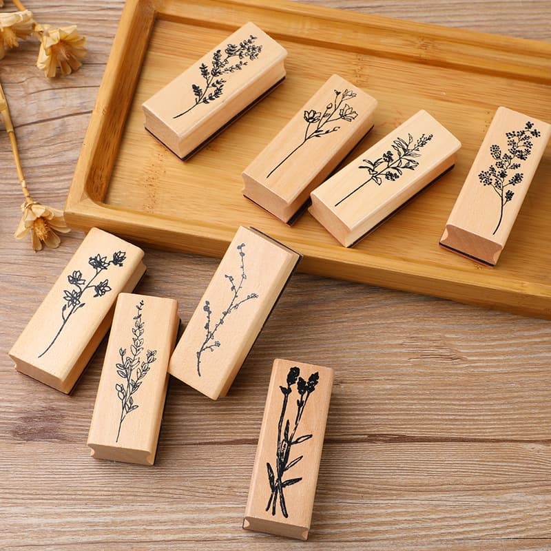 Creative Fresh Plant Wooden Stamp Set Exquisite Floral Collection 8 Styles Diy Journal Album Decoration Stamps Office Culture