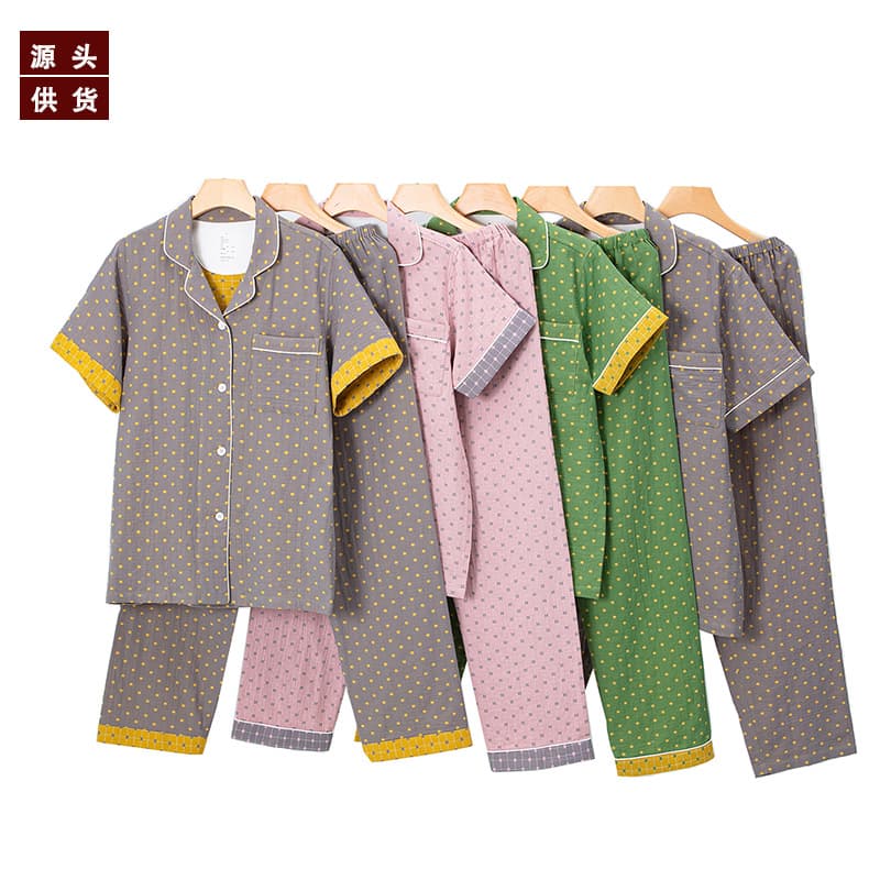 Hua Yan Home Clothes Women's Japanese-style Double-layer Yarn Long-sleeved Cotton Breathable Side Seamless Pajama Set Spring and Autumn Pajamas