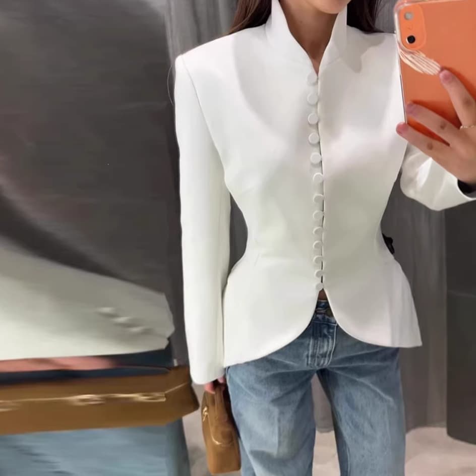 Cross-border Europe and America Single-breasted Waist-cinching Long-sleeve Slim Fit Jacket Women's Casual Daily Commute Stand Collar Blazer