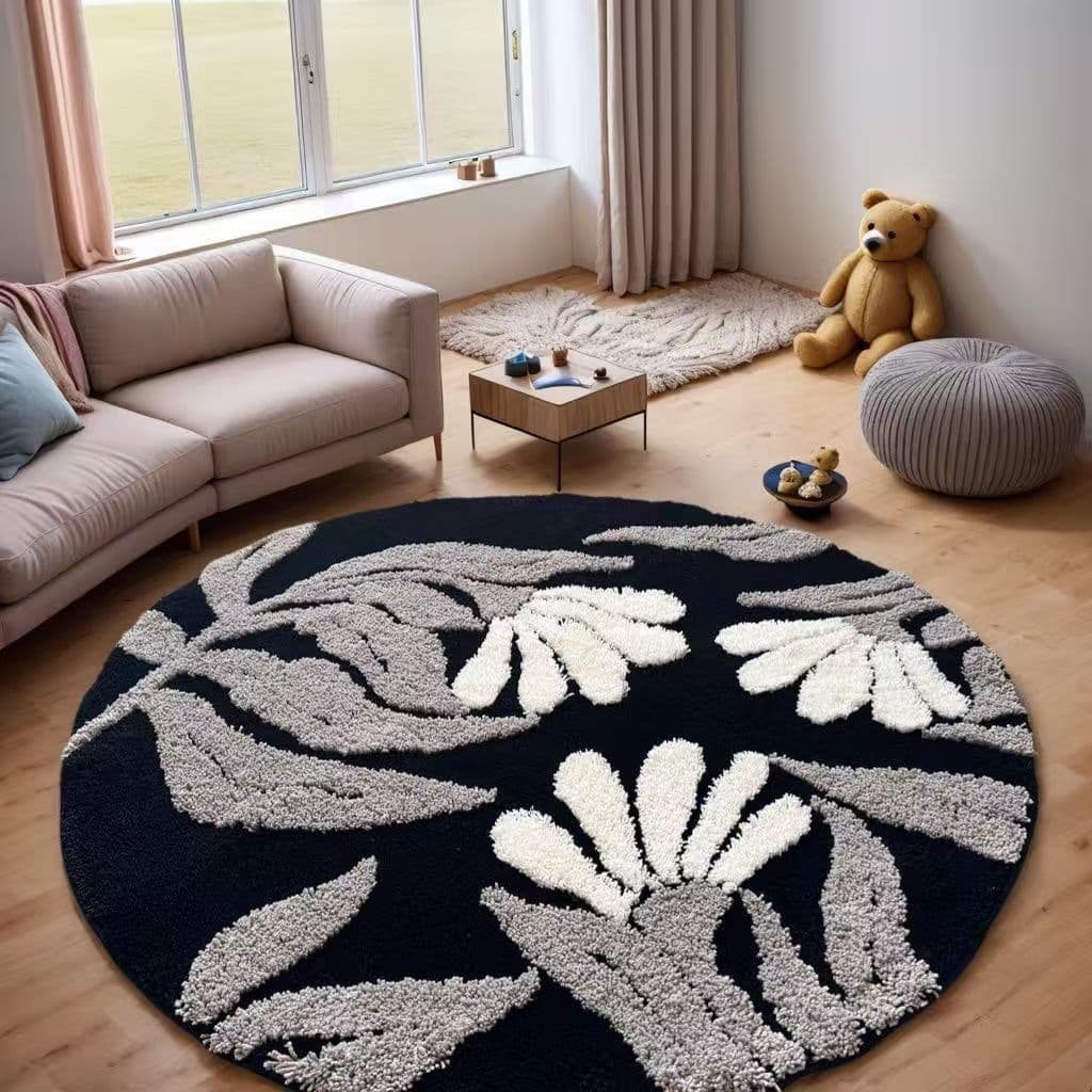 Vintage Black Floral Round Bedside Rug, Coffee Table Mat, Dressing Table Foot Pad, Bathroom Absorbent Non-Slip Floor Mat, Living Room Carpet