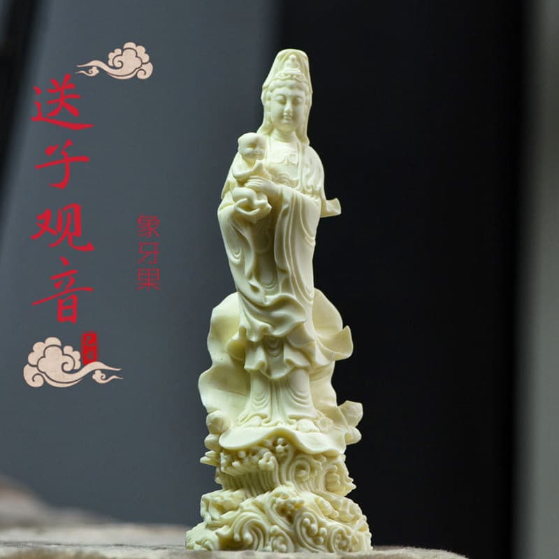 Ivory Nut 3D Carved Guanyin Bodhisattva with Child 18*6*4.8cm Home Living Room Craft Ornament Gift Box Set