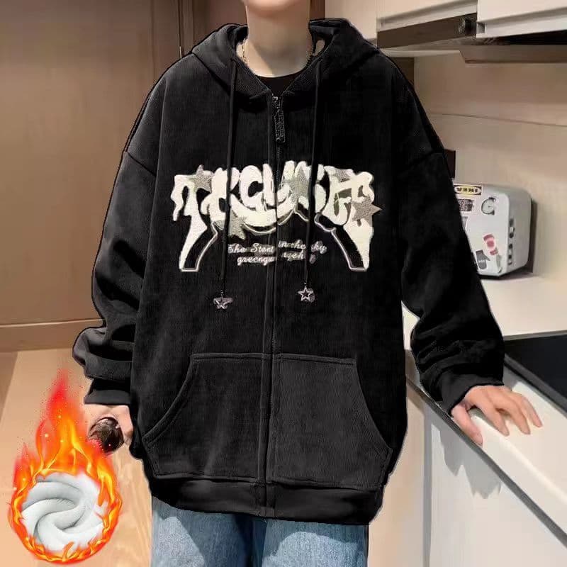 Vintage American Star Corduroy Open Cardigan Women's Spring Autumn Loose Streetwear Hoodie Fashionable Casual Outerwear