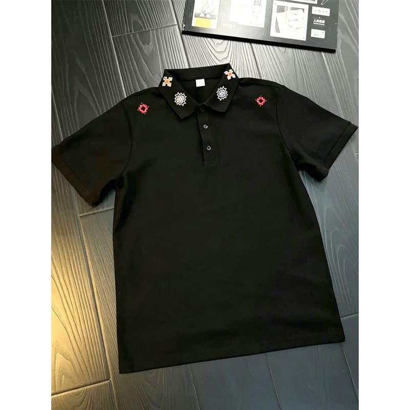 Black tie-dye embroidered short-sleeved Polo shirt men's summer heavy lapel shoulder T-shirt American boxy half-sleeve