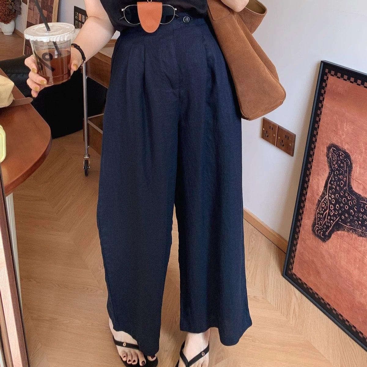 Old Money Style Cotton Linen Solid Color Ankle-Length Pants Women New Elastic Waist Straight Sun Protection Pants One-Button Zipper Wide-Leg Pants