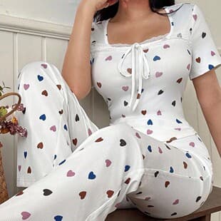 2026 New Cross-Border European/American Women's Loungewear Ribbed Print Fashion Sexy Short Sleeve Long Pants Set Wear-Out