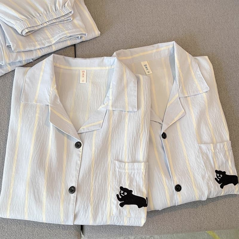 Korean Style Black Cat Cloud Pure Cotton Gauze Couple Pajamas Women's Spring & Fall Long-Sleeved Pants Cardigan Men's Home Wear Summer